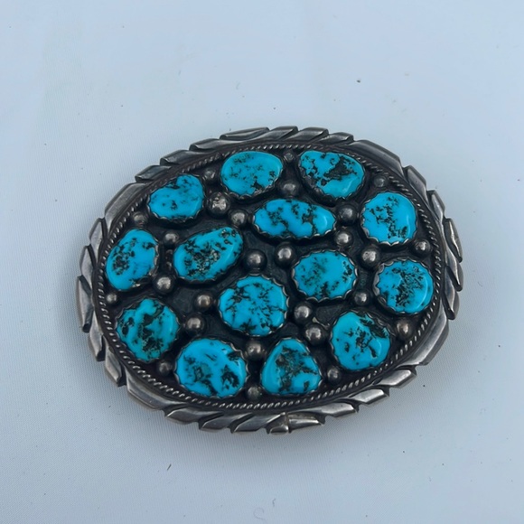 Sterling, silver and turquoise belt buckle fits 1 1/2 inch strap - Picture 1 of 2